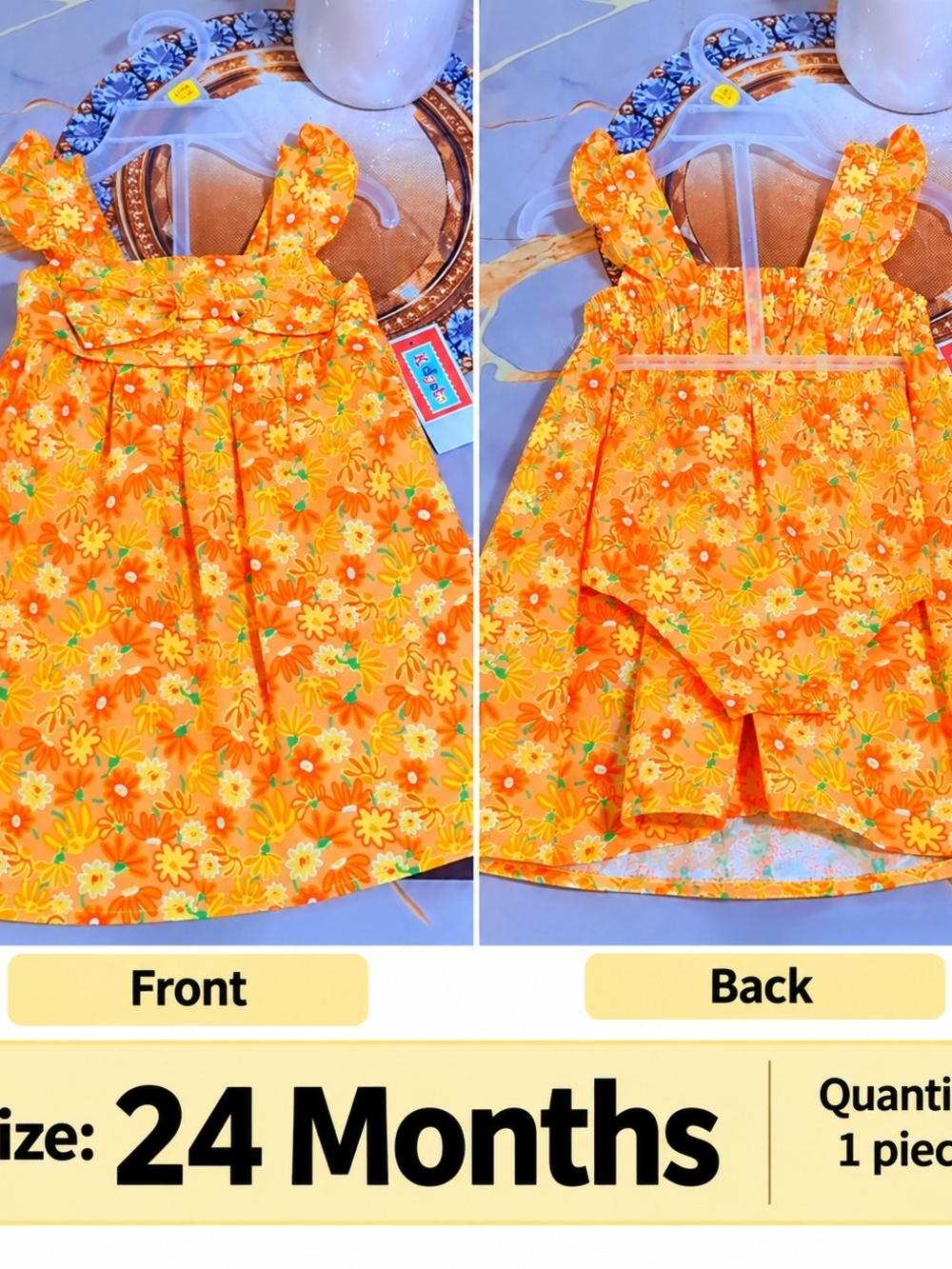 Orange Floral Ruffle Strap Baby Dress - 24 Months